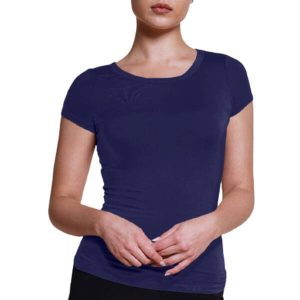 Woman wearing tight fit navy-purple top made of bamboo